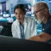 un homme et une femme regarde un écran d'ordinateur dans un laboratoire